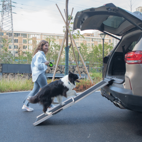 Foldable Aluminum Dog Car Step Ramp, Dog Ramp Climbing Ladder with PVC Handle, Non-slip Foot Mats for Most Sized Dogs, Pet Ramp Ladder, Black (Color: as picture)